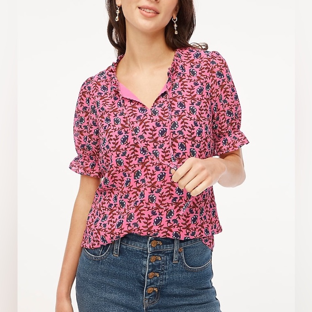 J. Crew Pink Blue Puff Sleeve Floral Print Top Size Small